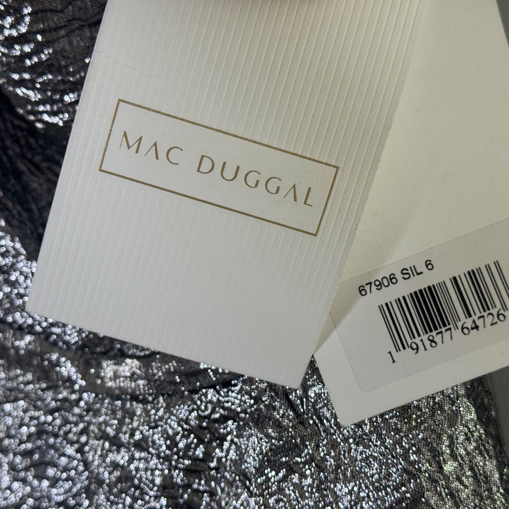 Mac Duggal Style #67906 One Shoulder Bow Midi Dress Brocade Metallic Silver - Picture 8 of 13